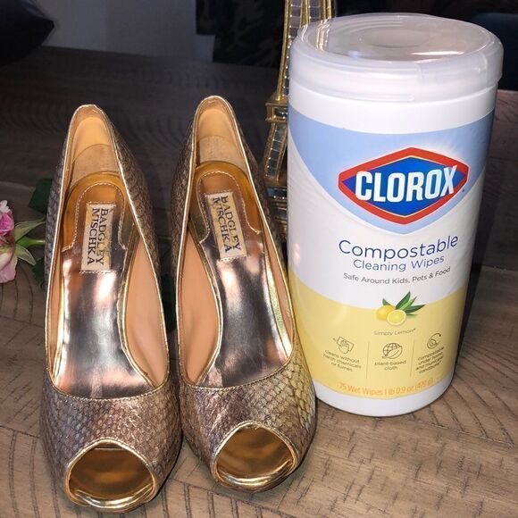 Badgley Mischika’ Humbee Gold Sparkle ✨ Open Toe Pump Snakeskin Look Leather - Picture 5 of 17